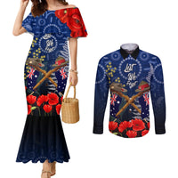 Anzac Couples Matching Mermaid Dress and Long Sleeve Button Shirt Ausralia Aboriginal Mix New Zealand Slouch Hats LT7 Blue - Polynesian Pride