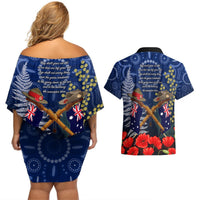 Anzac Couples Matching Off Shoulder Short Dress and Hawaiian Shirt Australia Aboriginal Mix New Zealand Slouch Hats LT7 - Polynesian Pride
