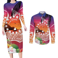 Kia Orana Cook Islands Couples Matching Long Sleeve Bodycon Dress and Long Sleeve Button Shirt Sunset Dream