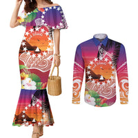 Kia Orana Cook Islands Couples Matching Mermaid Dress and Long Sleeve Button Shirt Sunset Dream
