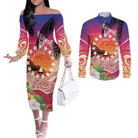 Kia Orana Cook Islands Couples Matching Off The Shoulder Long Sleeve Dress and Long Sleeve Button Shirt Sunset Dream