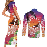 Kia Orana Cook Islands Couples Matching Short Sleeve Bodycon Dress and Long Sleeve Button Shirt Sunset Dream