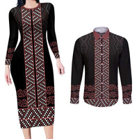Maori Taniko Patterns Couples Matching Long Sleeve Bodycon Dress and Long Sleeve Button Shirt Brown Niho Taniwha Mix Paatiki Motifs