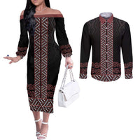 Maori Taniko Patterns Couples Matching Off The Shoulder Long Sleeve Dress and Long Sleeve Button Shirt Brown Niho Taniwha Mix Paatiki Motifs