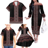 Maori Taniko Patterns Family Matching Off The Shoulder Long Sleeve Dress and Hawaiian Shirt Brown Niho Taniwha Mix Paatiki Motifs