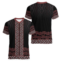 Maori Taniko Patterns Women V-Neck T-Shirt Brown Niho Taniwha Mix Paatiki Motifs