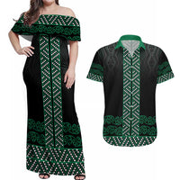 Maori Taniko Patterns Couples Matching Off Shoulder Maxi Dress and Hawaiian Shirt Pounamu Niho Taniwha Mix Paatiki Motifs