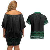 Maori Taniko Patterns Couples Matching Off Shoulder Short Dress and Hawaiian Shirt Pounamu Niho Taniwha Mix Paatiki Motifs