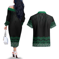 Maori Taniko Patterns Couples Matching Off The Shoulder Long Sleeve Dress and Hawaiian Shirt Pounamu Niho Taniwha Mix Paatiki Motifs