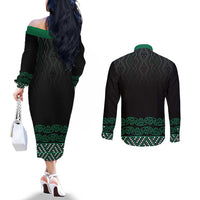 Maori Taniko Patterns Couples Matching Off The Shoulder Long Sleeve Dress and Long Sleeve Button Shirt Pounamu Niho Taniwha Mix Paatiki Motifs