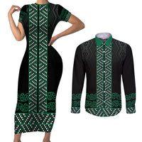 Maori Taniko Patterns Couples Matching Short Sleeve Bodycon Dress and Long Sleeve Button Shirt Pounamu Niho Taniwha Mix Paatiki Motifs