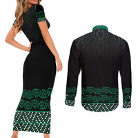Maori Taniko Patterns Couples Matching Short Sleeve Bodycon Dress and Long Sleeve Button Shirt Pounamu Niho Taniwha Mix Paatiki Motifs