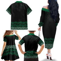 Maori Taniko Patterns Family Matching Off The Shoulder Long Sleeve Dress and Hawaiian Shirt Pounamu Niho Taniwha Mix Paatiki Motifs