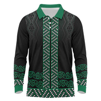 Maori Taniko Patterns Long Sleeve Polo Shirt Pounamu Niho Taniwha Mix Paatiki Motifs LT7 Green - Polynesian Pride