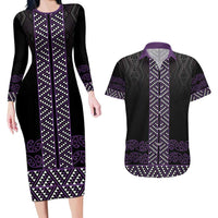 Maori Taniko Patterns Couples Matching Long Sleeve Bodycon Dress and Hawaiian Shirt Purple Niho Taniwha Mix Paatiki Motifs