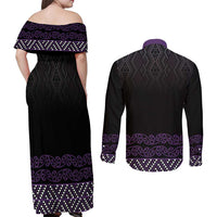 Maori Taniko Patterns Couples Matching Off Shoulder Maxi Dress and Long Sleeve Button Shirt Purple Niho Taniwha Mix Paatiki Motifs