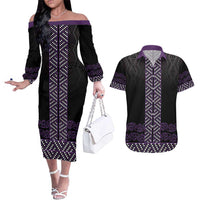 Maori Taniko Patterns Couples Matching Off The Shoulder Long Sleeve Dress and Hawaiian Shirt Purple Niho Taniwha Mix Paatiki Motifs
