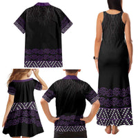 Maori Taniko Patterns Family Matching Tank Maxi Dress and Hawaiian Shirt Purple Niho Taniwha Mix Paatiki Motifs