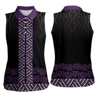 Maori Taniko Patterns Women Sleeveless Polo Shirt Purple Niho Taniwha Mix Paatiki Motifs