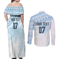 Fiji Rugby Custom Kaiviti Masi Couples Matching Off Shoulder Maxi Dress and Long Sleeve Button Shirt Turquoise - Polynesian Pride