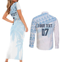 Fiji Rugby Custom Kaiviti Masi Couples Matching Short Sleeve Bodycon Dress and Long Sleeve Button Shirt Turquoise - Polynesian Pride