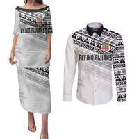 Fiji Rugby Custom Kaiviti Masi Couples Matching Puletasi and Long Sleeve Button Shirt Black - Polynesian Pride