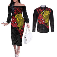 Papua New Guinea 49th Independence Day Couples Matching Off The Shoulder Long Sleeve Dress and Long Sleeve Button Shirt Motuan Revareva Bird-of-Paradise