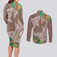 Polynesia Couples Matching Long Sleeve Bodycon Dress and Long Sleeve Button Shirt Sharks Duo Tropical Brown LT7 - Polynesian Pride
