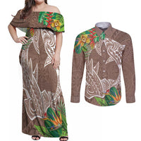 Polynesia Couples Matching Off Shoulder Maxi Dress and Long Sleeve Button Shirt Sharks Duo Tropical Brown LT7 Brown - Polynesian Pride