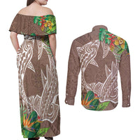 Polynesia Couples Matching Off Shoulder Maxi Dress and Long Sleeve Button Shirt Sharks Duo Tropical Brown LT7 - Polynesian Pride