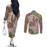 Polynesia Couples Matching Off The Shoulder Long Sleeve Dress and Long Sleeve Button Shirt Sharks Duo Tropical Brown LT7 - Polynesian Pride