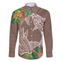 Polynesia Family Matching Off The Shoulder Long Sleeve Dress and Hawaiian Shirt Sharks Duo Tropical Brown LT7 Dad's Shirt - Long Sleeve Brown - Polynesian Pride