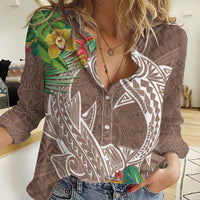 Polynesia Women Casual Shirt Sharks Duo Tropical Brown