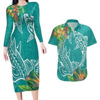 Polynesia Couples Matching Long Sleeve Bodycon Dress and Hawaiian Shirt Sharks Duo Tropical Teal LT7 Teal - Polynesian Pride
