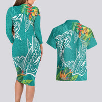 Polynesia Couples Matching Long Sleeve Bodycon Dress and Hawaiian Shirt Sharks Duo Tropical Teal LT7 - Polynesian Pride
