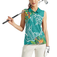 Polynesia Women Sleeveless Polo Shirt Sharks Duo Tropical Teal