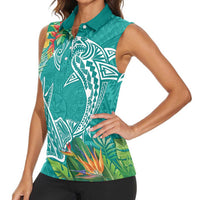 Polynesia Women Sleeveless Polo Shirt Sharks Duo Tropical Teal