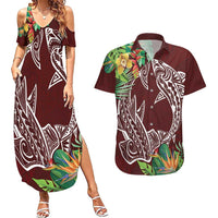 Polynesia Couples Matching Summer Maxi Dress and Hawaiian Shirt Sharks Duo Tropical Oxblood LT7 Oxblood - Polynesian Pride