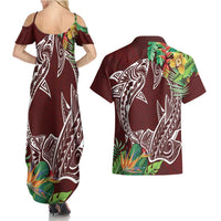 Polynesia Couples Matching Summer Maxi Dress and Hawaiian Shirt Sharks Duo Tropical Oxblood LT7 - Polynesian Pride