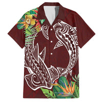 Polynesia Family Matching Off The Shoulder Long Sleeve Dress and Hawaiian Shirt Sharks Duo Tropical Oxblood LT7 Dad's Shirt - Short Sleeve Oxblood - Polynesian Pride