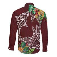 Polynesia Long Sleeve Button Shirt Sharks Duo Tropical Oxblood