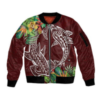 Polynesia Sleeve Zip Bomber Jacket Sharks Duo Tropical Oxblood
