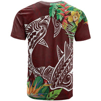 Polynesia T Shirt Sharks Duo Tropical Oxblood
