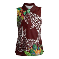 Polynesia Women Sleeveless Polo Shirt Sharks Duo Tropical Oxblood