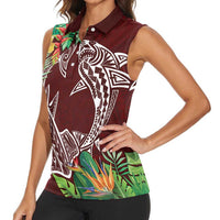 Polynesia Women Sleeveless Polo Shirt Sharks Duo Tropical Oxblood