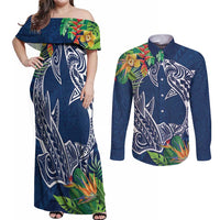 Polynesia Couples Matching Off Shoulder Maxi Dress and Long Sleeve Button Shirt Sharks Duo Tropical Navy LT7 Navy - Polynesian Pride
