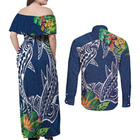 Polynesia Couples Matching Off Shoulder Maxi Dress and Long Sleeve Button Shirt Sharks Duo Tropical Navy LT7 - Polynesian Pride