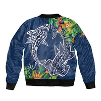 Polynesia Sleeve Zip Bomber Jacket Sharks Duo Tropical Navy