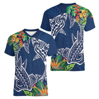 Polynesia Women V-Neck T-Shirt Sharks Duo Tropical Navy