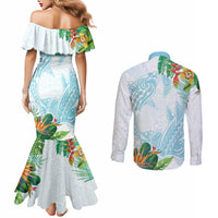 Polynesia Couples Matching Mermaid Dress and Long Sleeve Button Shirt Sharks Duo Tropical Turquoise
